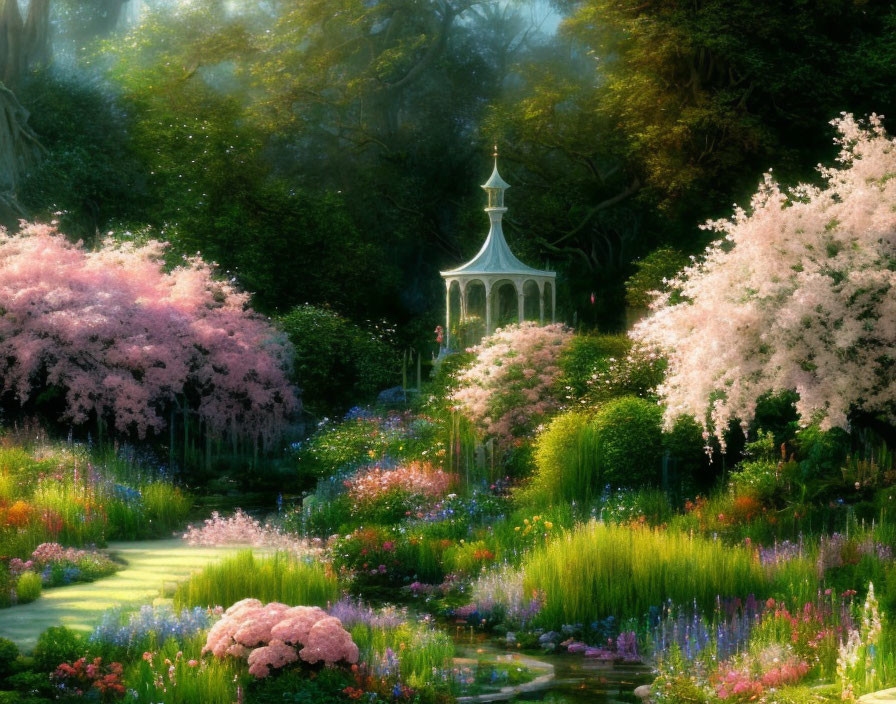 Serene garden with pink cherry blossoms, colorful flowers, lush greenery, and Victorian gazebo