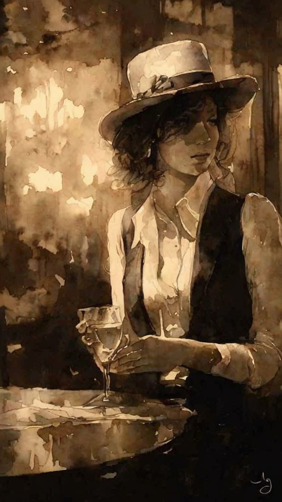 Sepia-Toned Watercolor Painting of Woman in Hat Holding Wine Glass