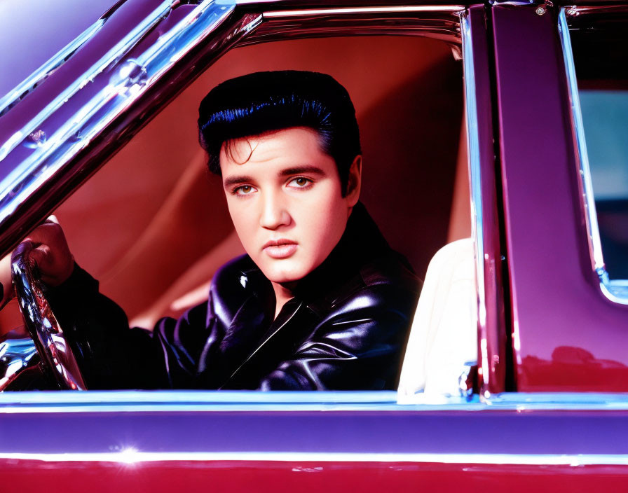 Man with Pompadour Hairstyle in Leather Jacket Sitting in Classic Car