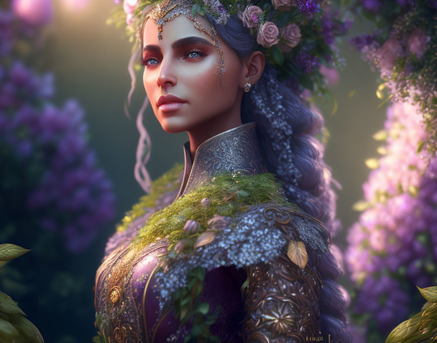 Fantasy digital portrait of an elfin woman with floral crown and intricate clothing