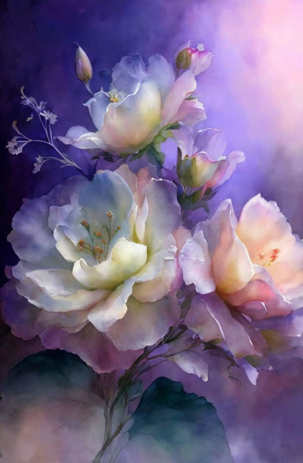 Delicate roses in pastel hues on textured purple backdrop