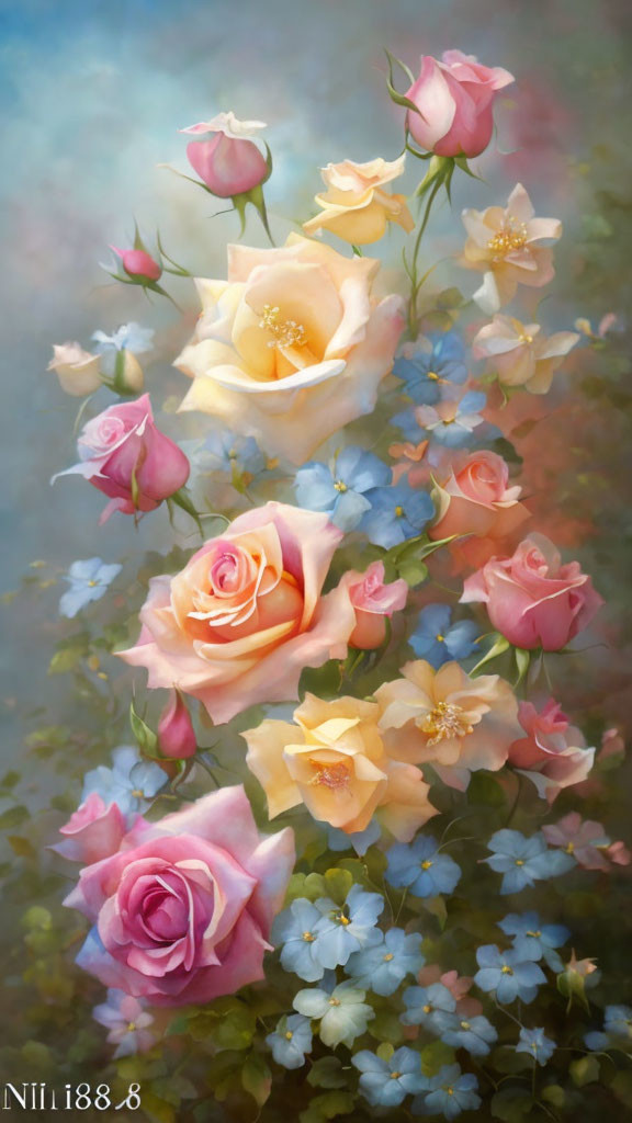 Vibrant bouquet painting with pink and yellow roses on blurred background