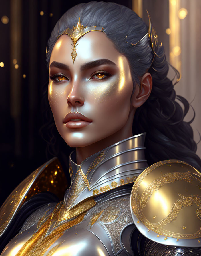 Digital artwork: Woman in golden armor with glowing makeup