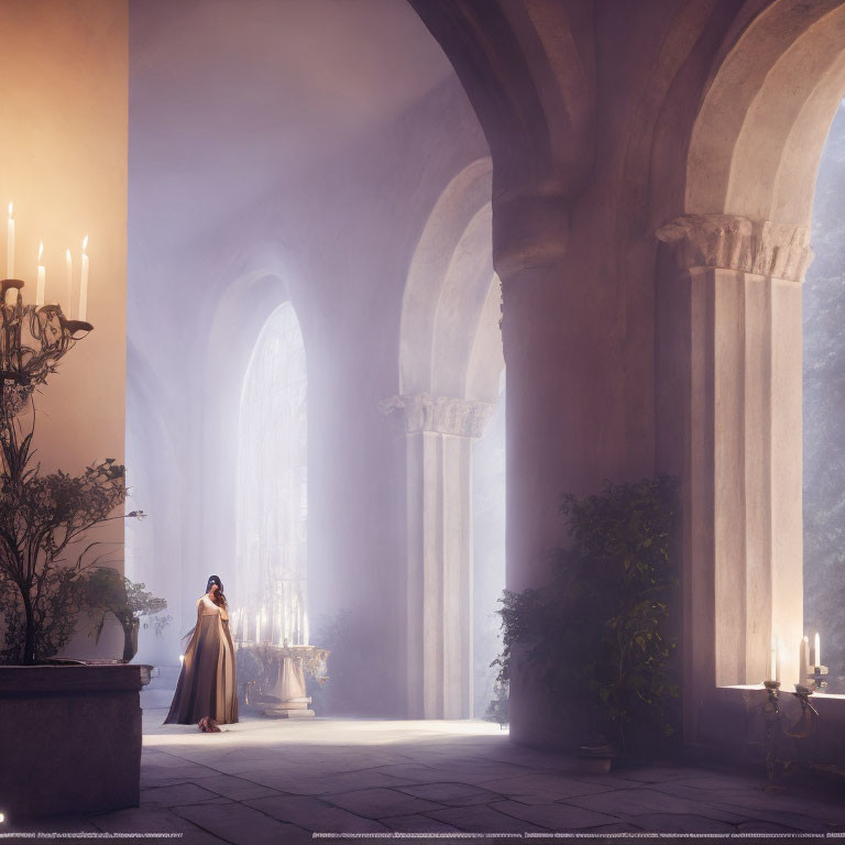 Woman in Long Gown Stands in Sunlit Hallway