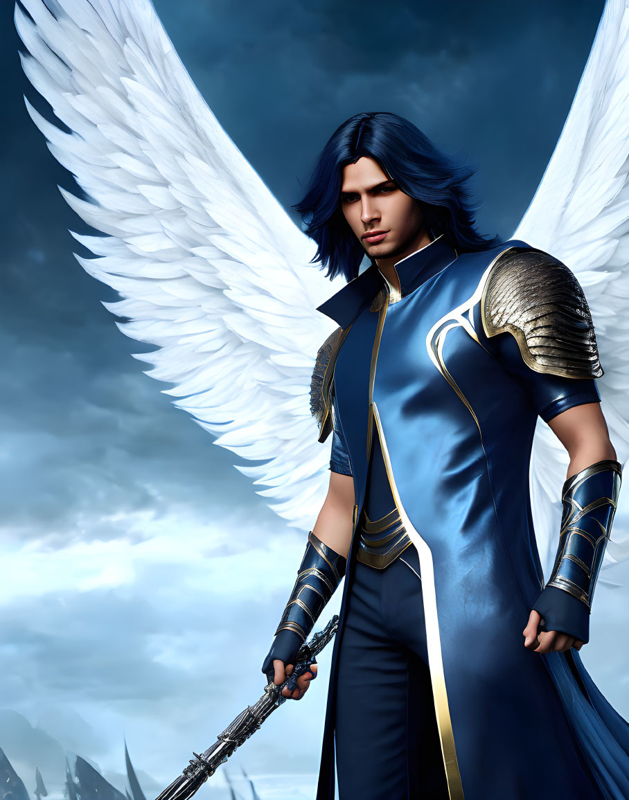 Male Figure with White Wings in Blue and Gold Armor Holding Staff against Stormy Sky