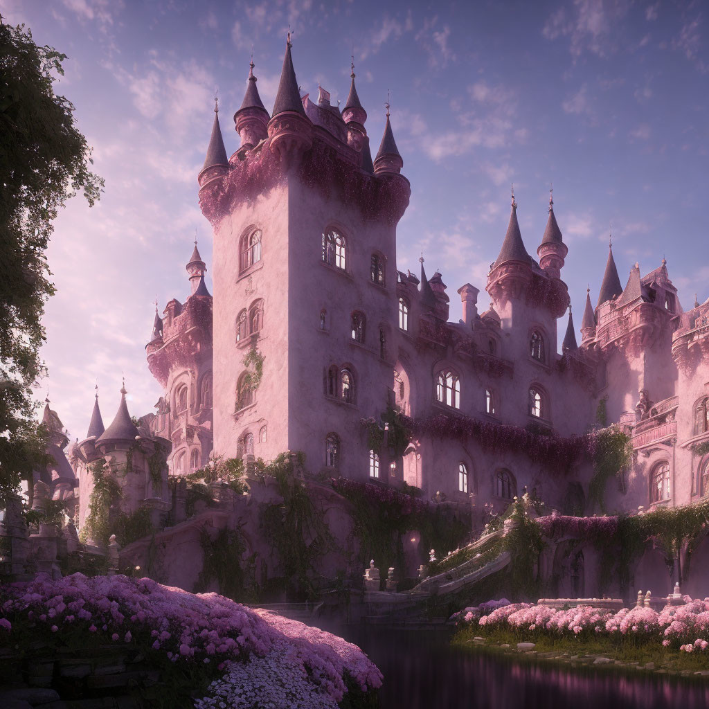 Pink-hued castle with ivy-covered towers in lush gardens