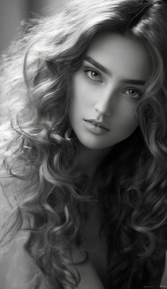 Monochrome portrait of a woman with wavy hair and captivating eyes