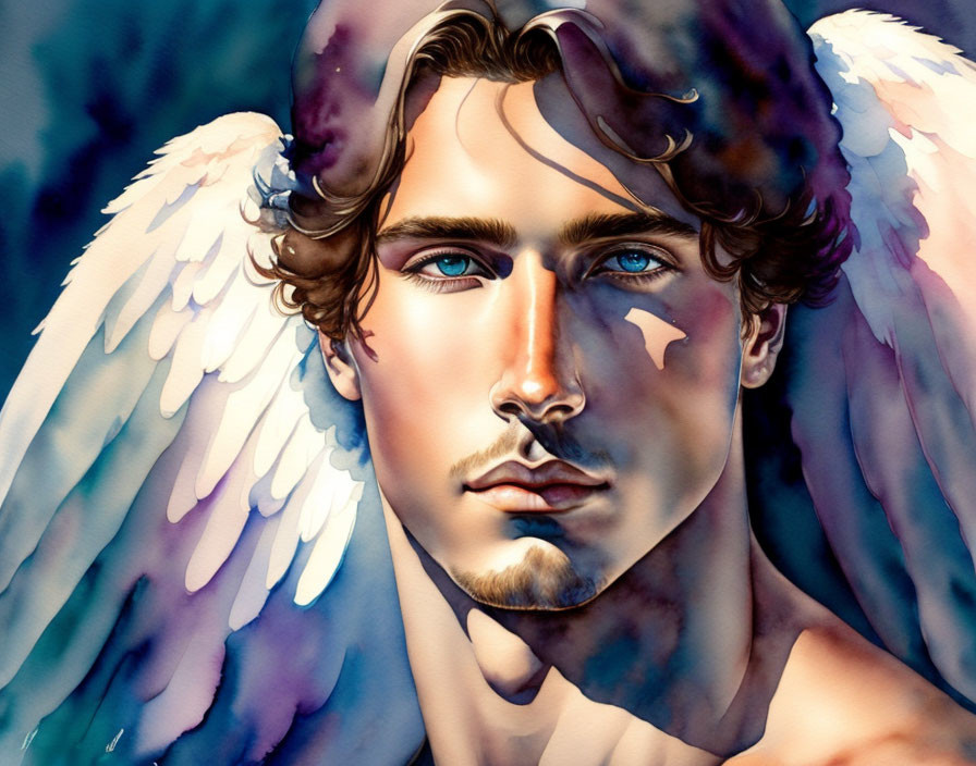 Male figure with angel wings, intense blue eyes, curly hair in colorful style