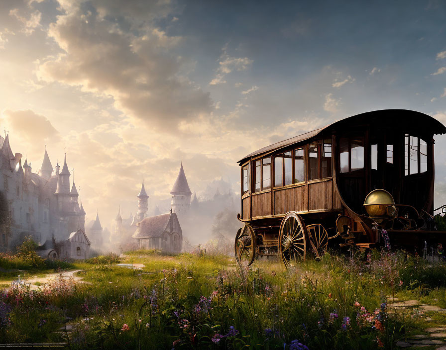 Vintage Carriage in Field with Wildflowers and Fantasy Castle Town at Sunrise/Sunset