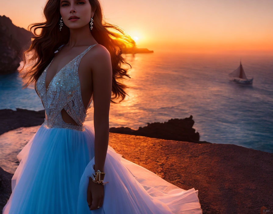 Woman in Blue Evening Gown on Cliff at Sunset, Sea View