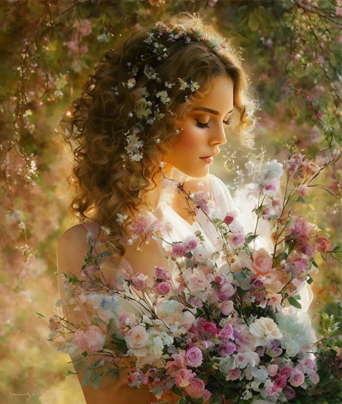 Curly-haired woman with flowers in dreamy setting.