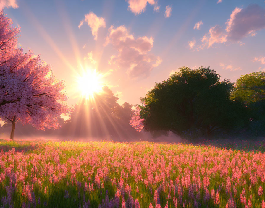 Vibrant sunset with sunbeams through cherry blossoms and pink flowers