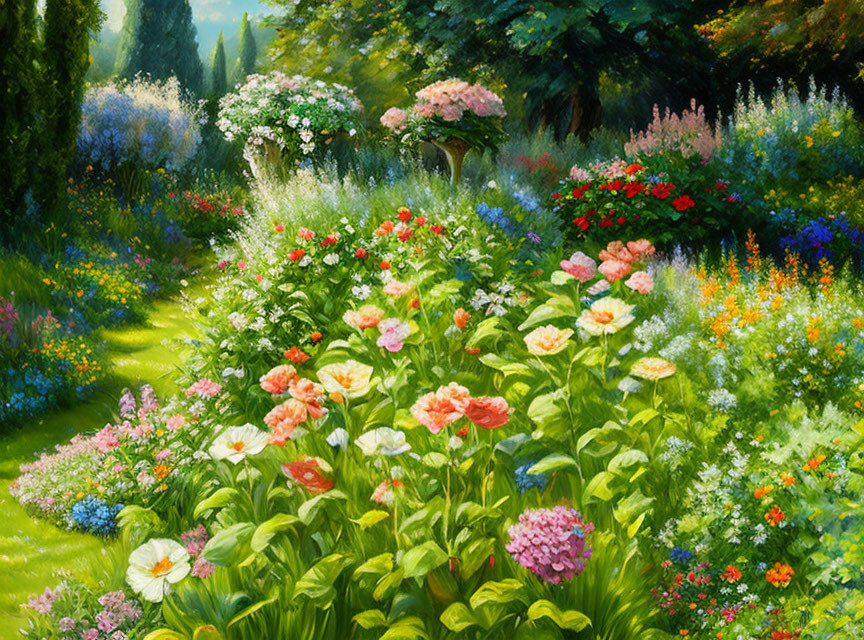 Colorful Flower Garden in Sunlight and Lush Greenery