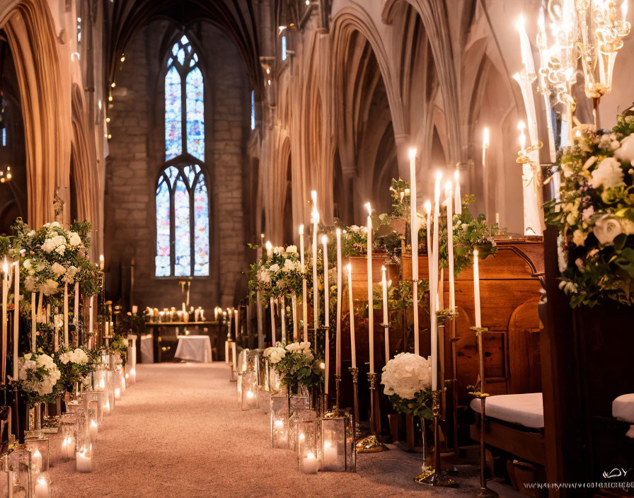 Church aisle adorned with candles and white flowers, leading to stained glass window