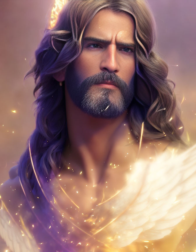 Man with Long Hair, Beard & Glowing Angel Wings in Ethereal Light