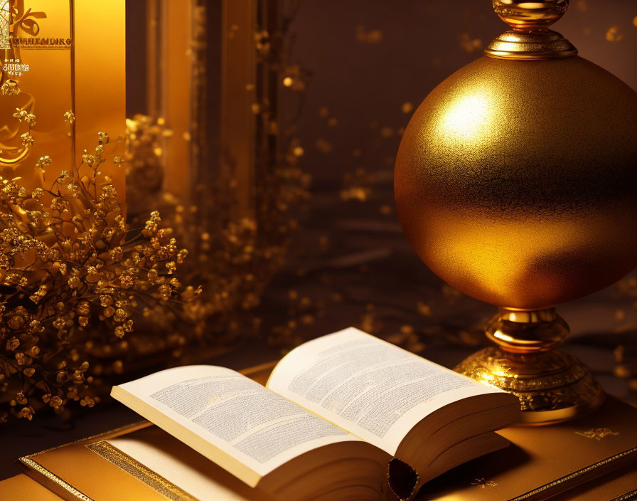 Luxurious golden spherical lamp illuminating an open book on a table