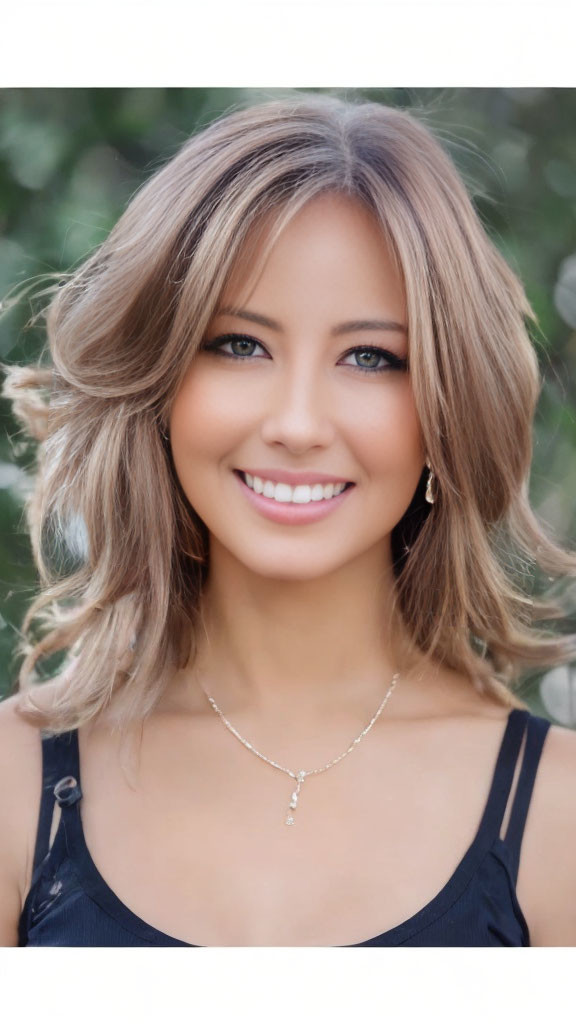 Smiling woman with wavy brown hair in black top and necklace on green background