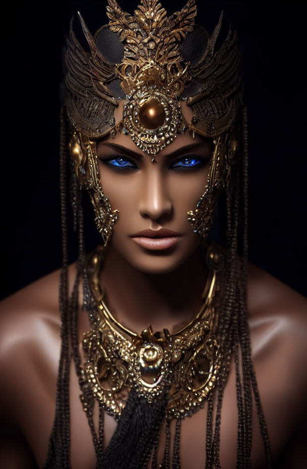 Portrait of a person with blue eyes and gold jewelry on dark background