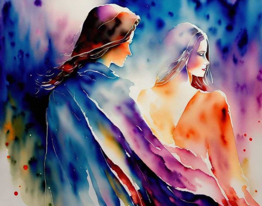 Vibrant watercolor painting of two women in profile and facing forward amid colorful splashes