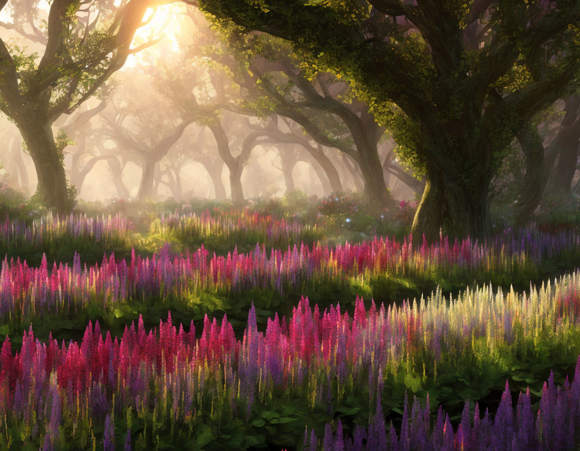 Sunlit Forest Glade with Colorful Lupines in Mystical Setting