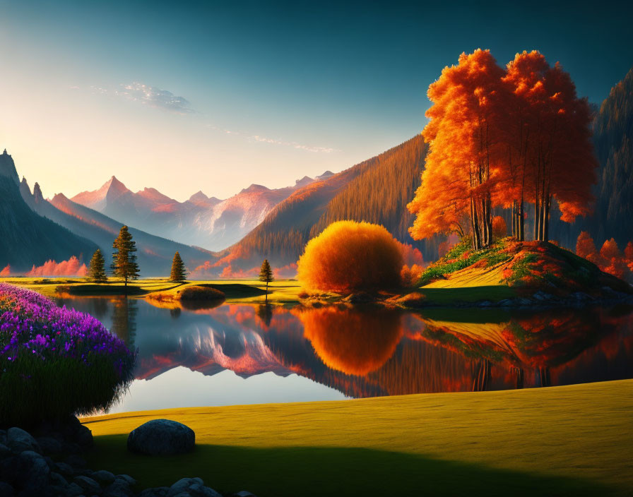 Vivid Autumn Landscape: Reflective Lake, Colorful Trees, Purple Flowers