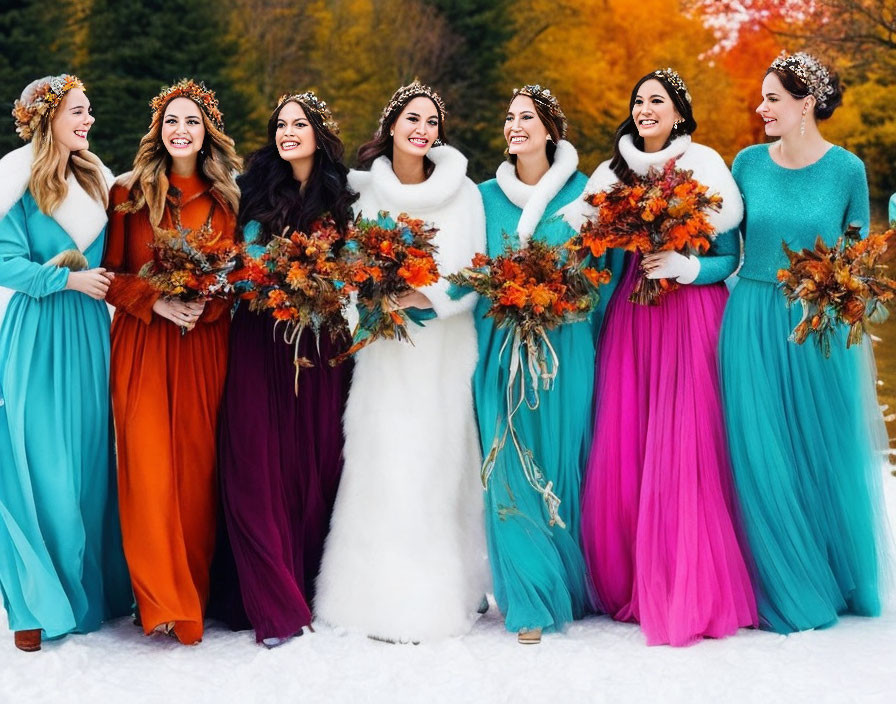 Bridesmaids in colorful dresses with autumnal bouquets in snowy fall setting