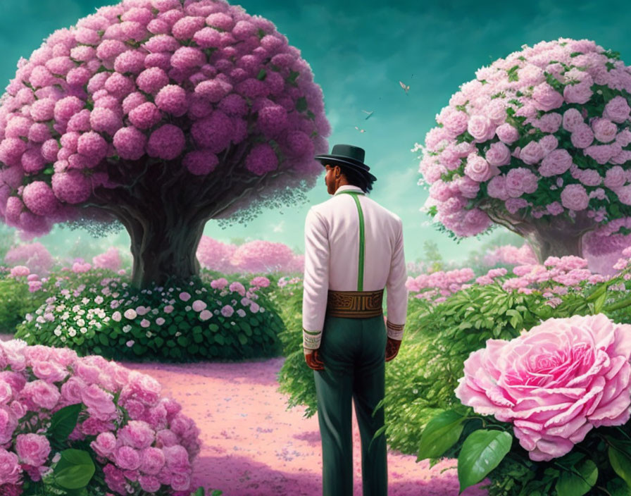 Man in period attire surrounded by oversized pink flowers in vibrant garden