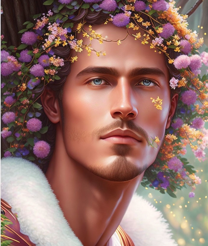 Man with Blue Eyes in Floral Crown Surrounded by Greenery and Purple Flowers