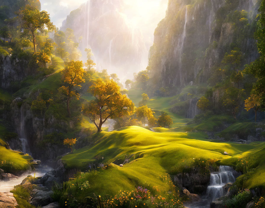 Lush valley with waterfalls in golden sunlight