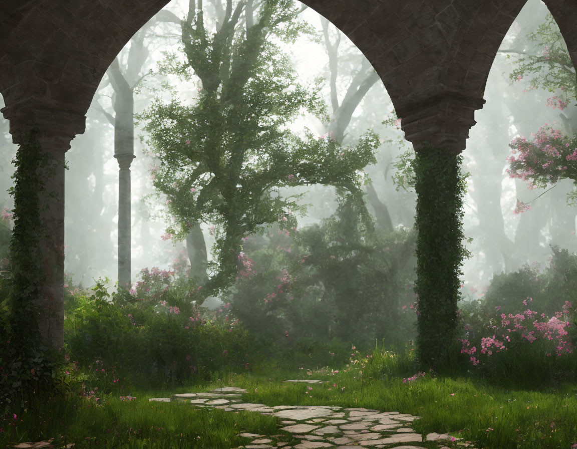 Tranquil forest scene with stone arches, sunlight, stone path, verdant foliage, and