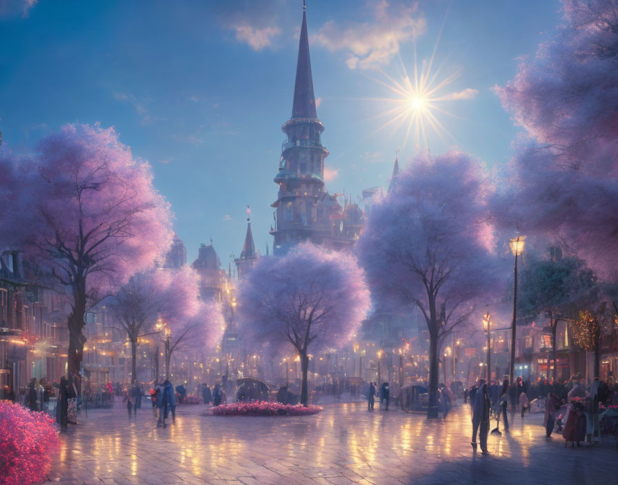 Vibrant cityscape at dusk with glowing lights and purple trees