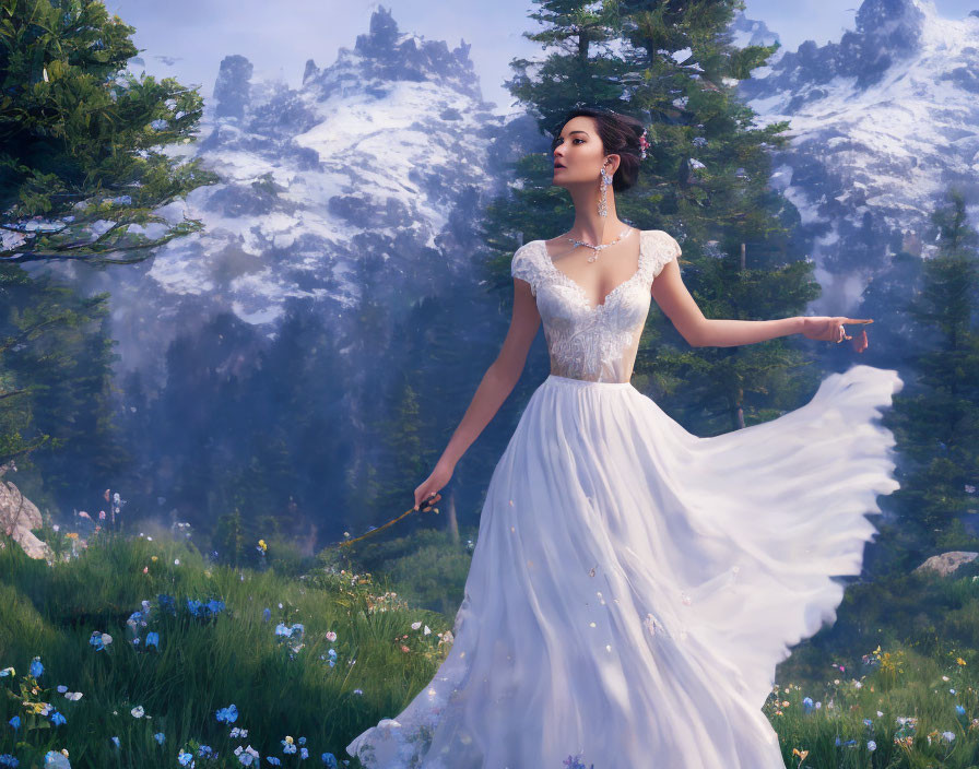 Woman in White Dress Standing in Blooming Meadow with Mountains