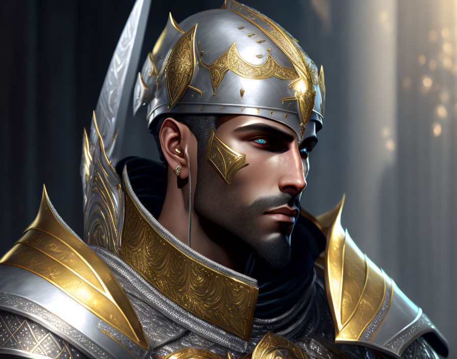 Man in ornate golden armor and helmet with serious expression on shadowed background