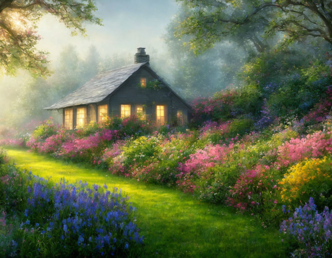 Cozy cottage surrounded by colorful flowerbeds in misty forest.