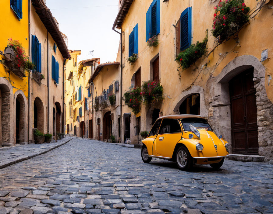 Vintage Yellow Car in Quaint Old Town Street