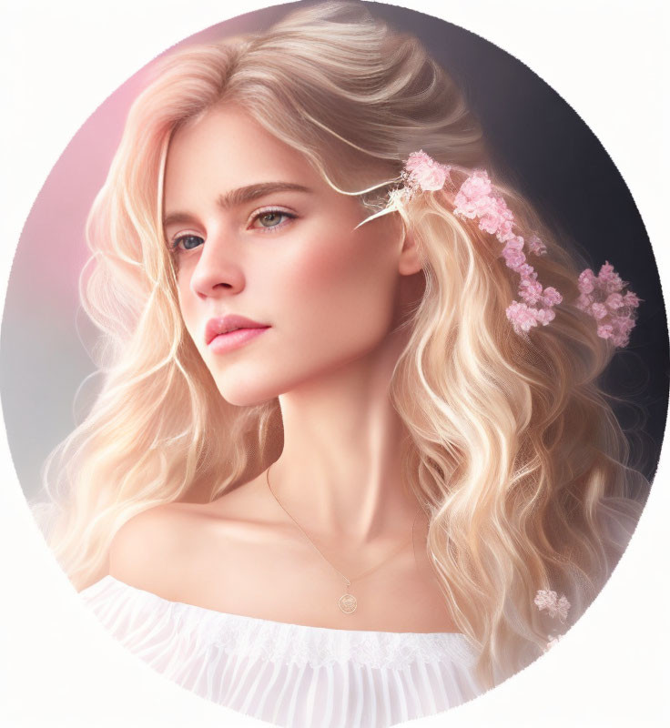 Blonde Woman with Blue Eyes and Pink Flowers in Circular Frame