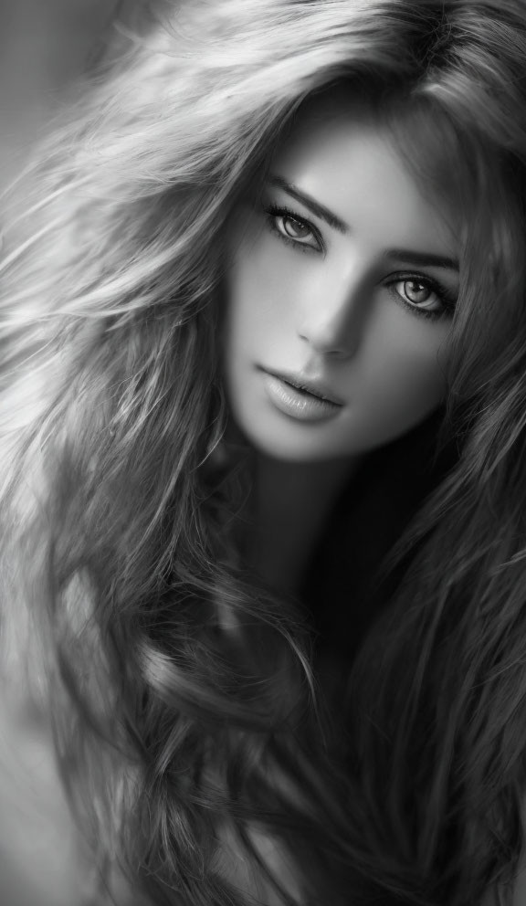 Monochrome portrait of woman with wavy hair and captivating gaze