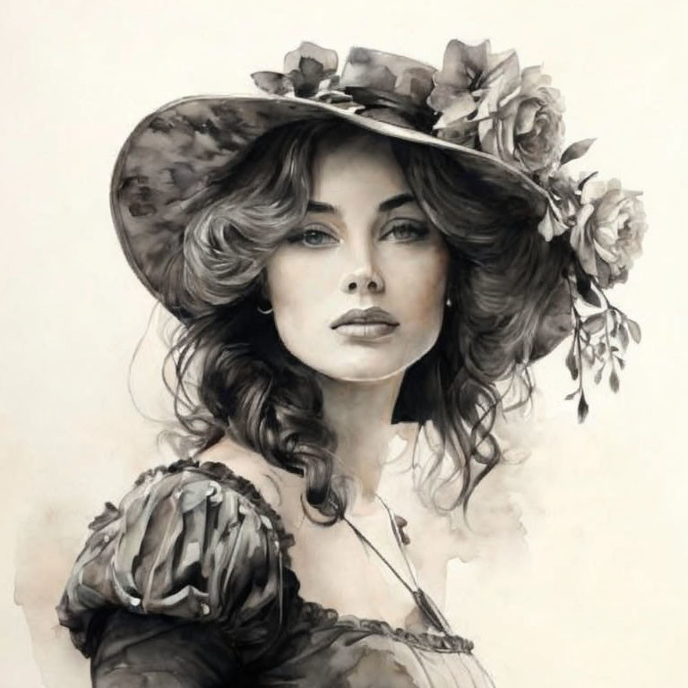 Monochrome illustration of woman in wide-brimmed hat with flowers & ruffled dress