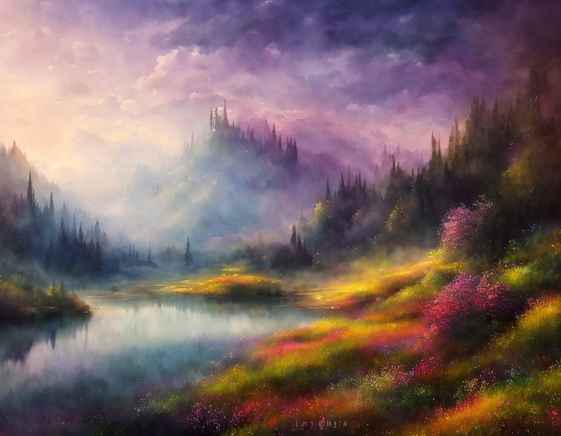 Tranquil landscape: river, wildflowers, misty forest, colorful sky