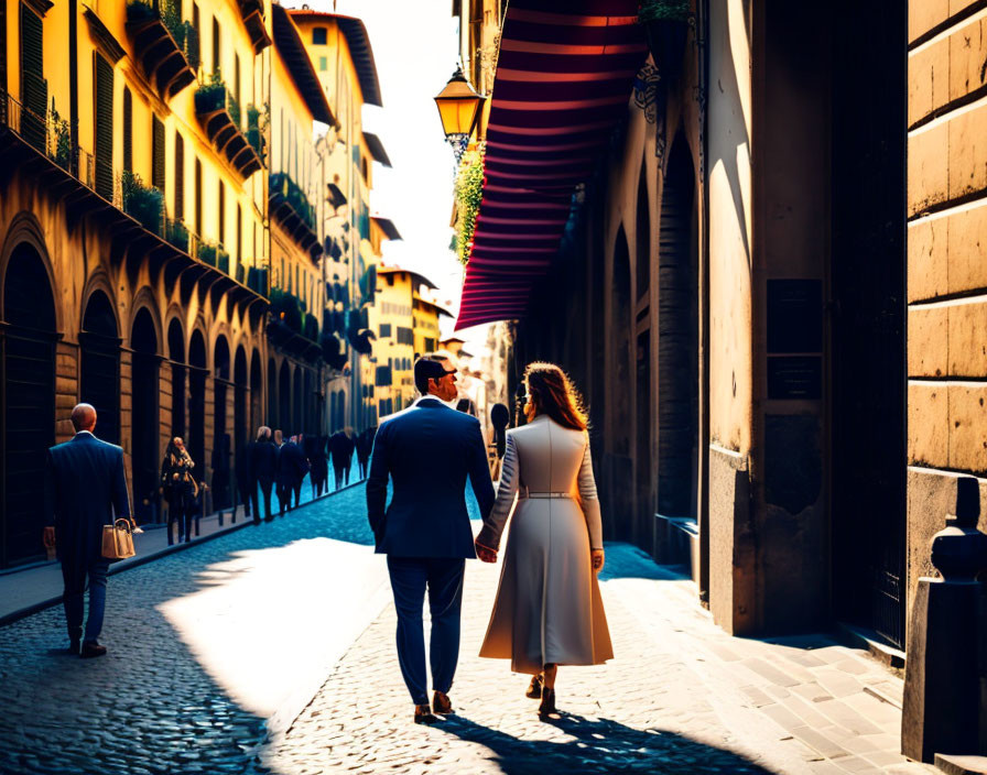 Couple walking hand in hand on sunlit European cobbled street