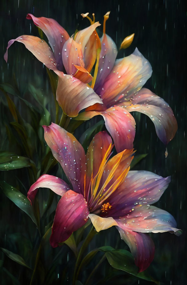 Colorful pink and yellow lilies in rain with glistening water droplets