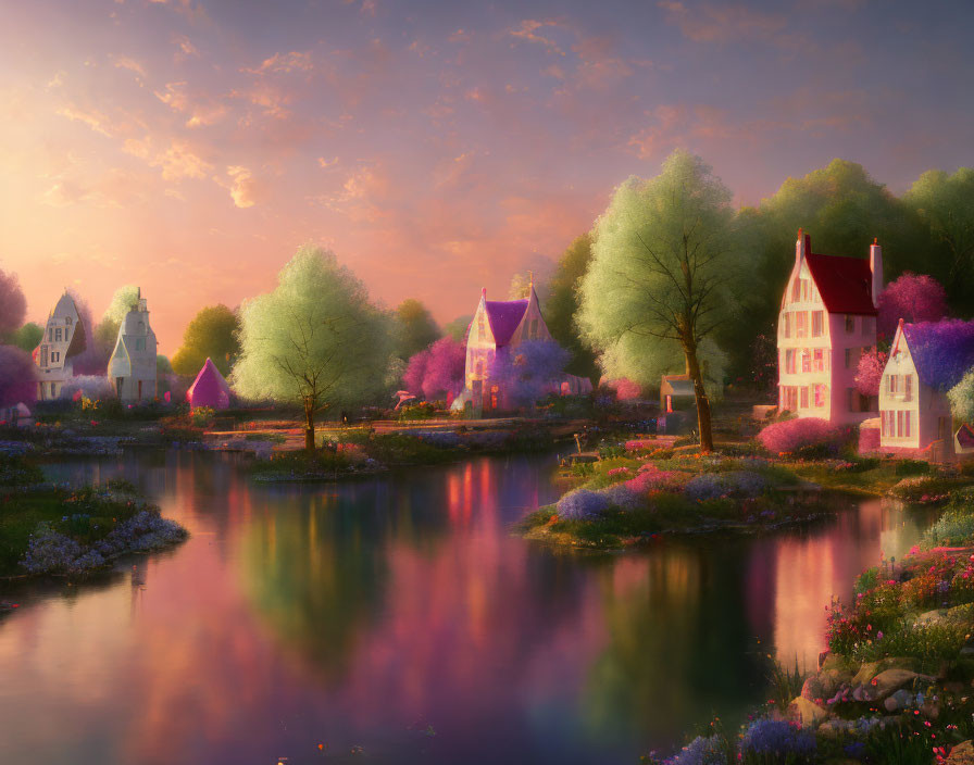 Scenic village with quaint houses by calm river & colorful blossoms