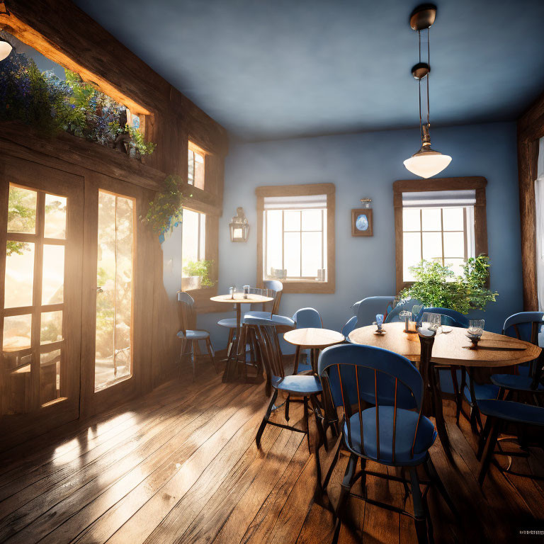 Sunlit cafe interior with wooden floors, blue chairs, pendant lights, and small windows