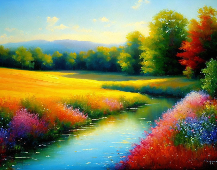 Colorful landscape: serene river, lush meadow, clear sky