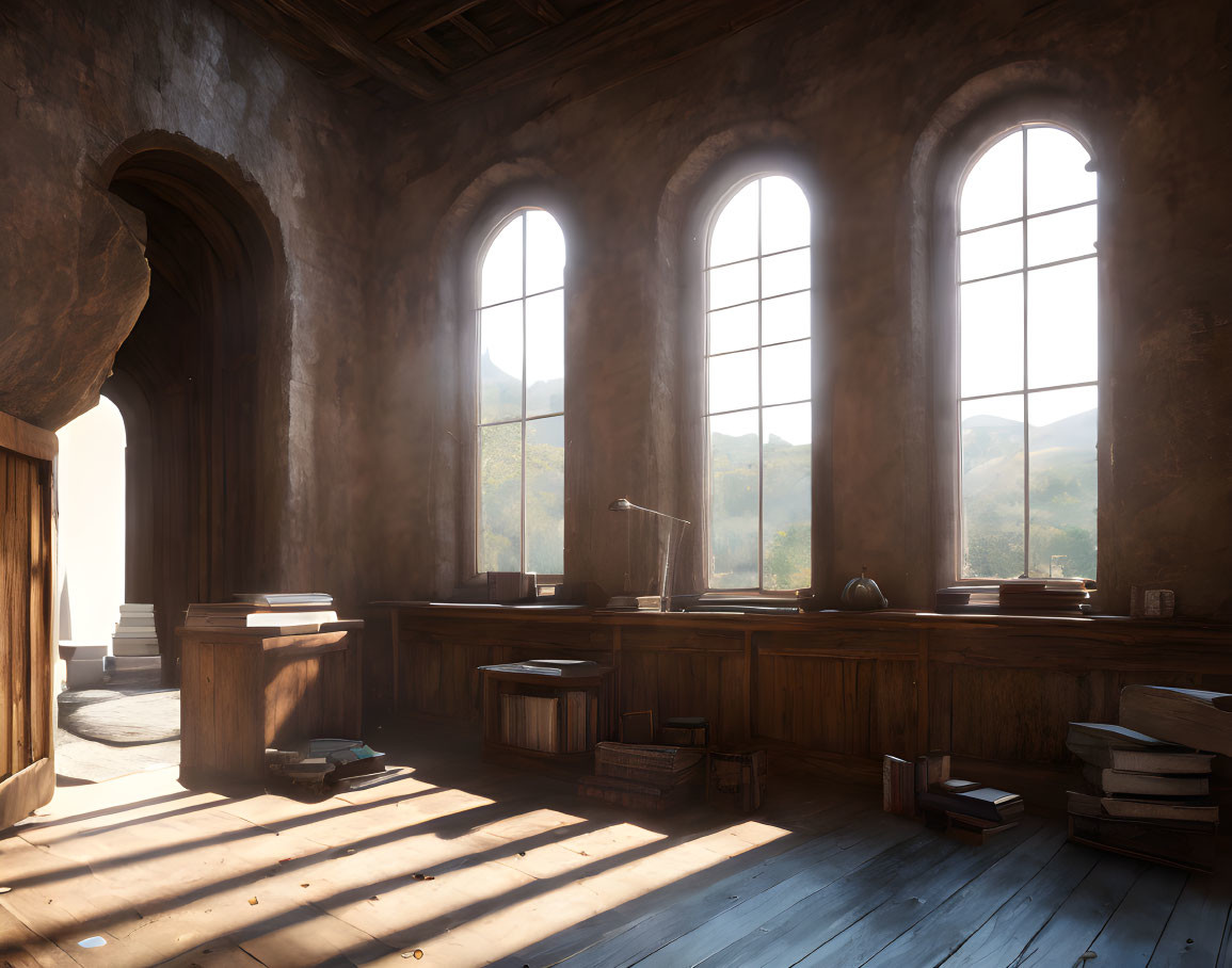 Spacious old room with arched windows, workbench, books, and pottery in a dusty setting