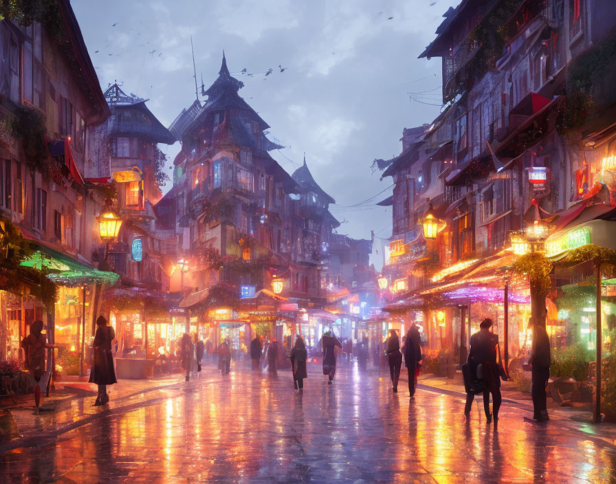 City street at twilight with neon signs, wet pavement, and traditional buildings