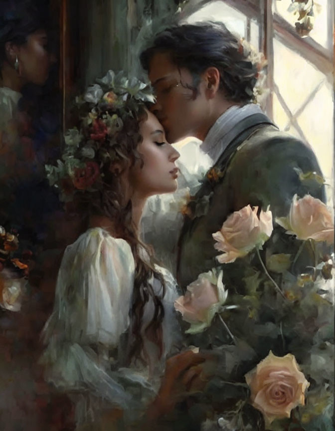 Romantic painting of couple with roses in soft, ethereal style