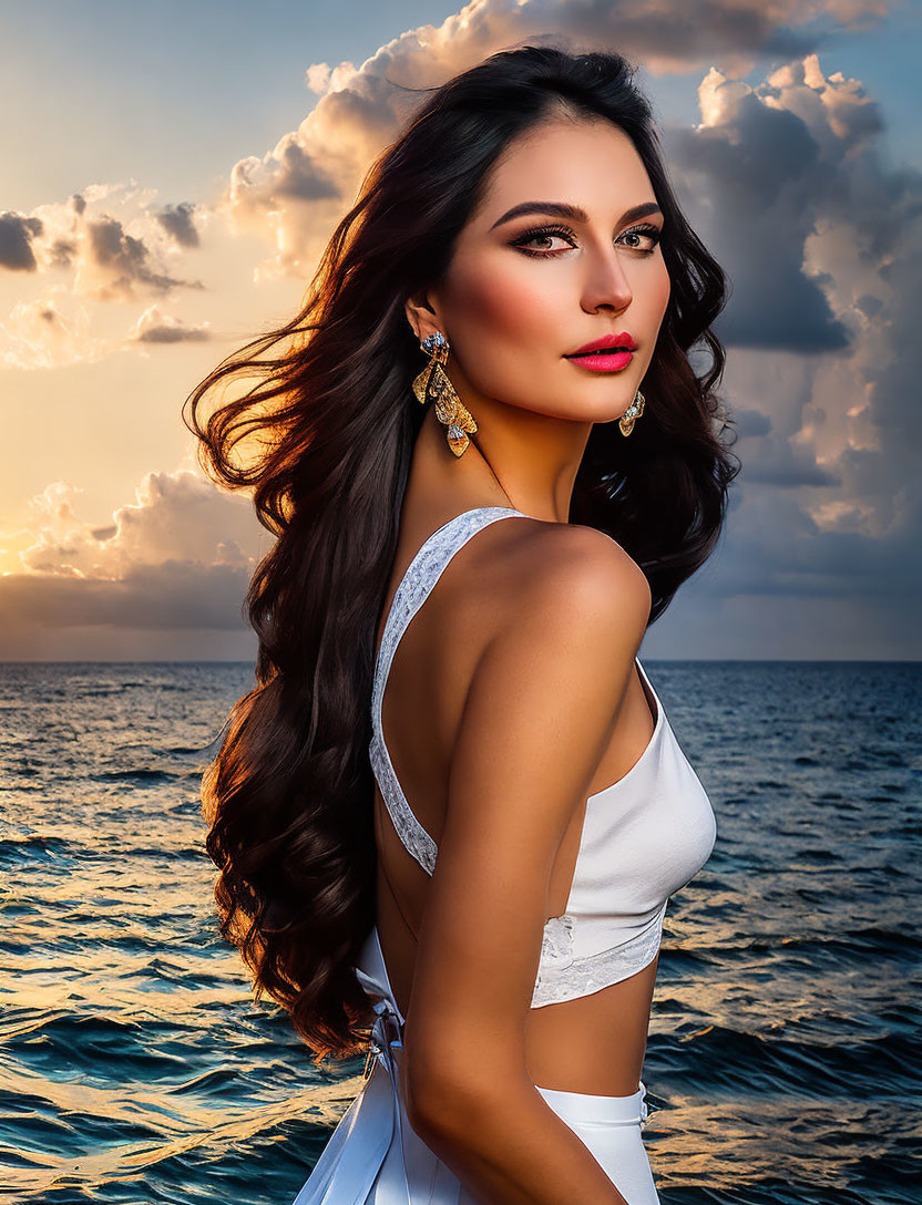 Long-haired woman with earrings poses at sunset by the sea under cloudy sky