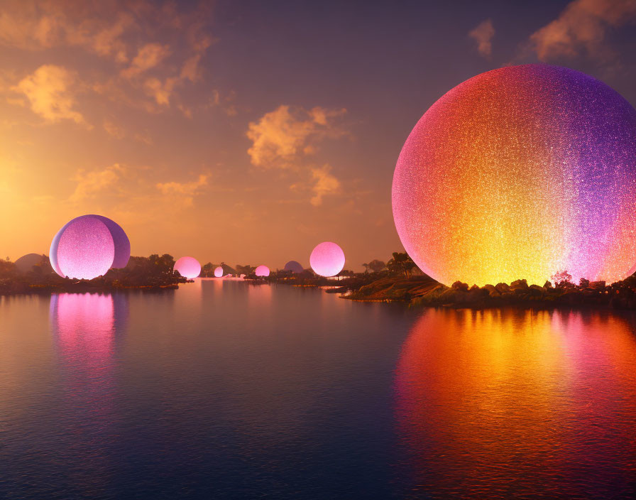 Surreal sunset scene: Glittering spheres on tranquil lake