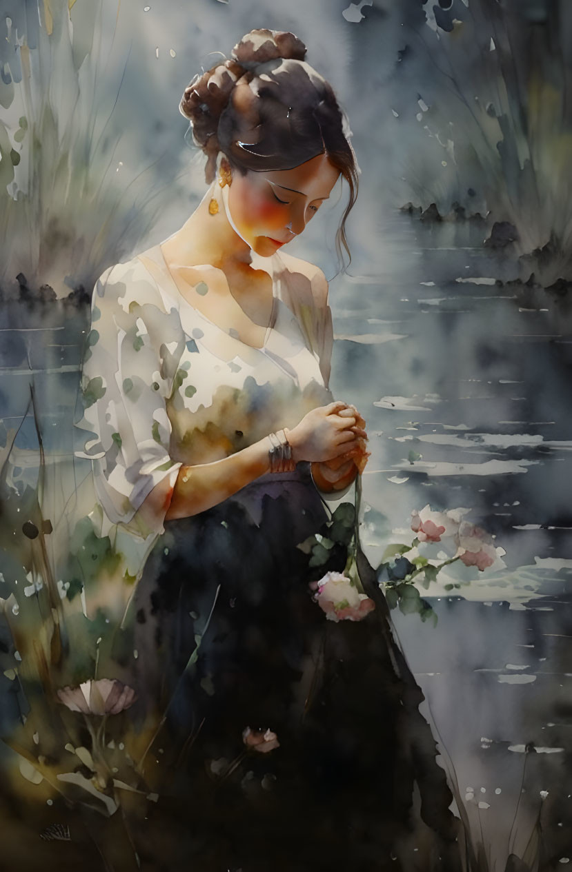 Woman in white blouse and dark skirt holding flower by waterbody with watercolor blooms and soft light.